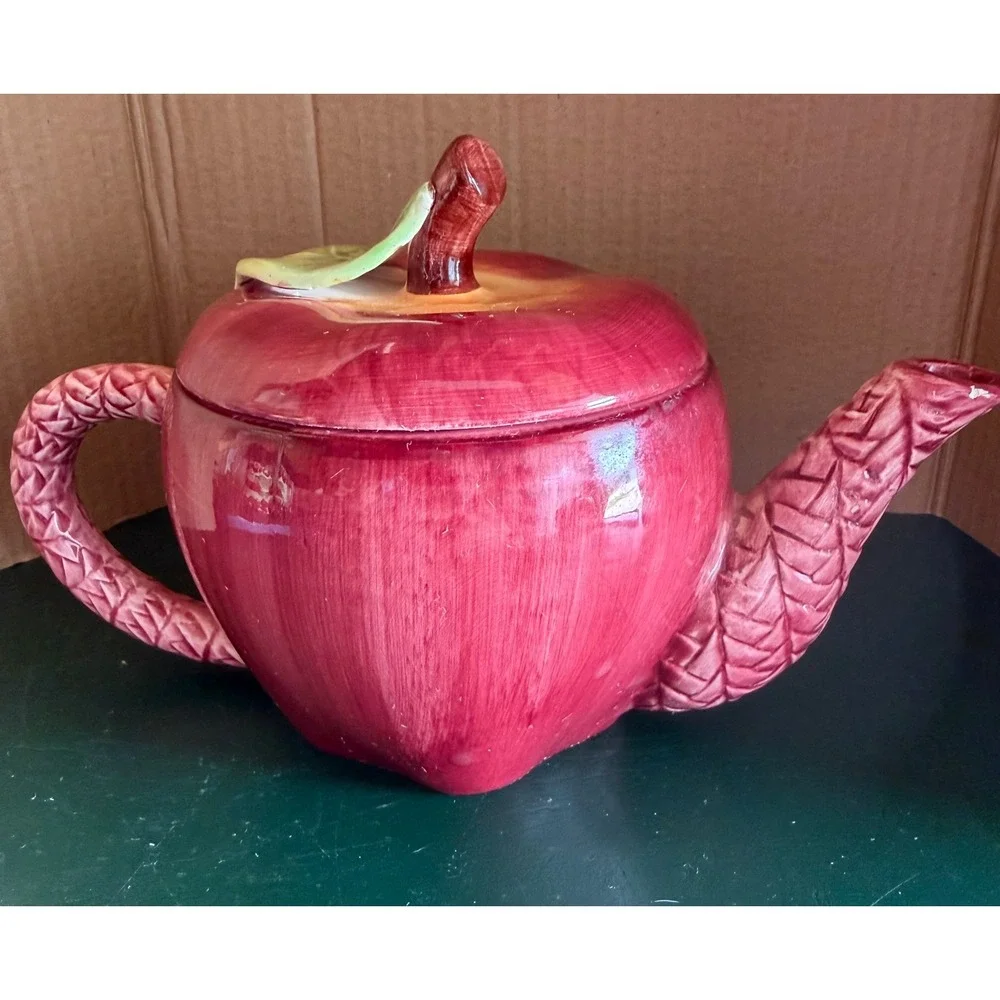 Seymour Mann Vintage Apple Teapot and Mugs Set Hand Painted Faience Ceramic 3pc